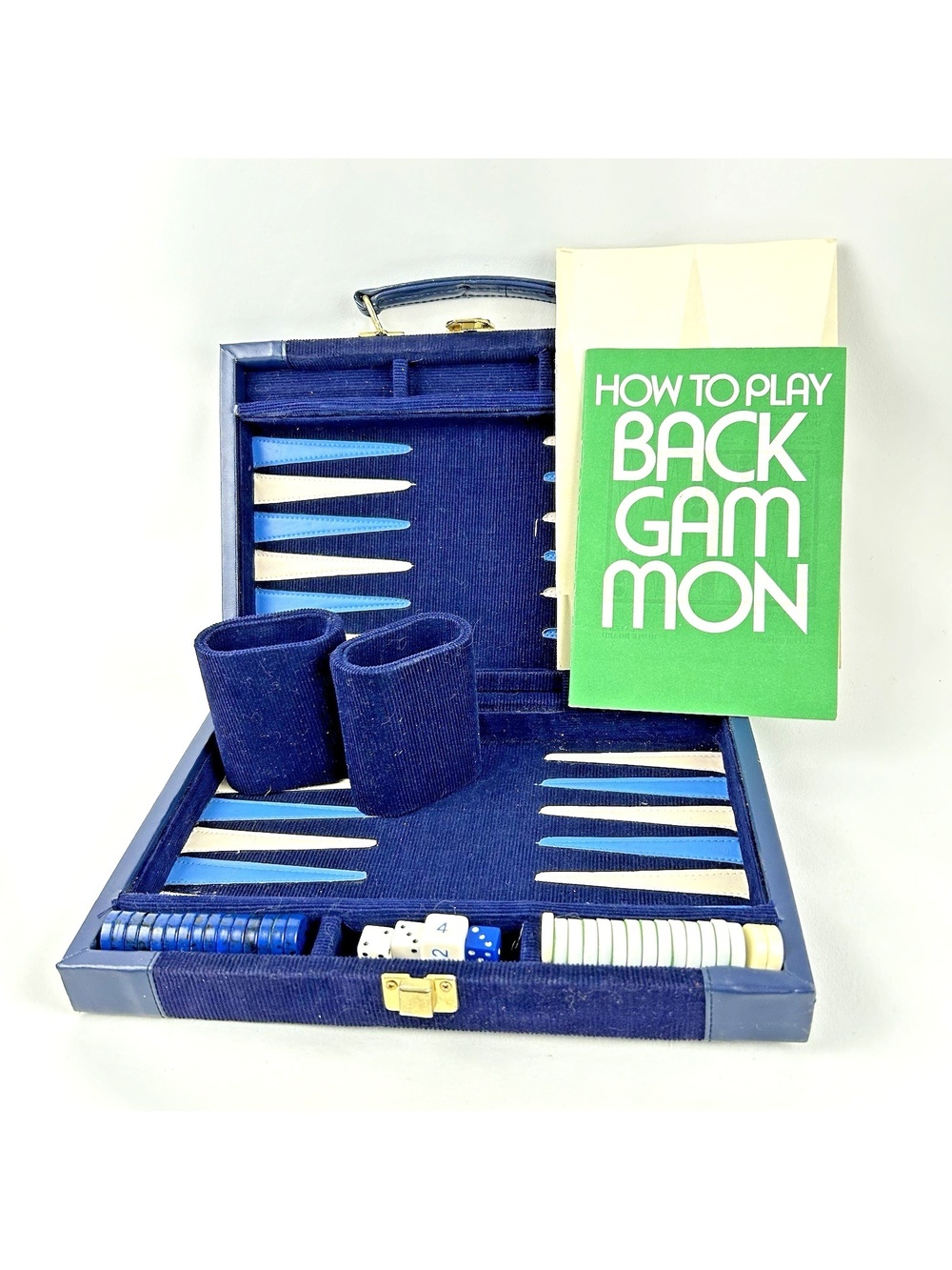 Vintage Backgammon Set Royal Blue Corduroy Case 15 x 11 Inches With Cups & Chips